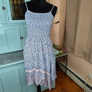 Japna Smocked Tank Top Boho Hi Lo Midi Handkerchief Hem Blue Floral Medium Dress
